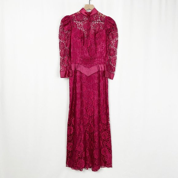 Vintage Union Made 80s Lace Puff Poof Sleeve Satin Maxi Dress Princess Victorian - Picture 9 of 9